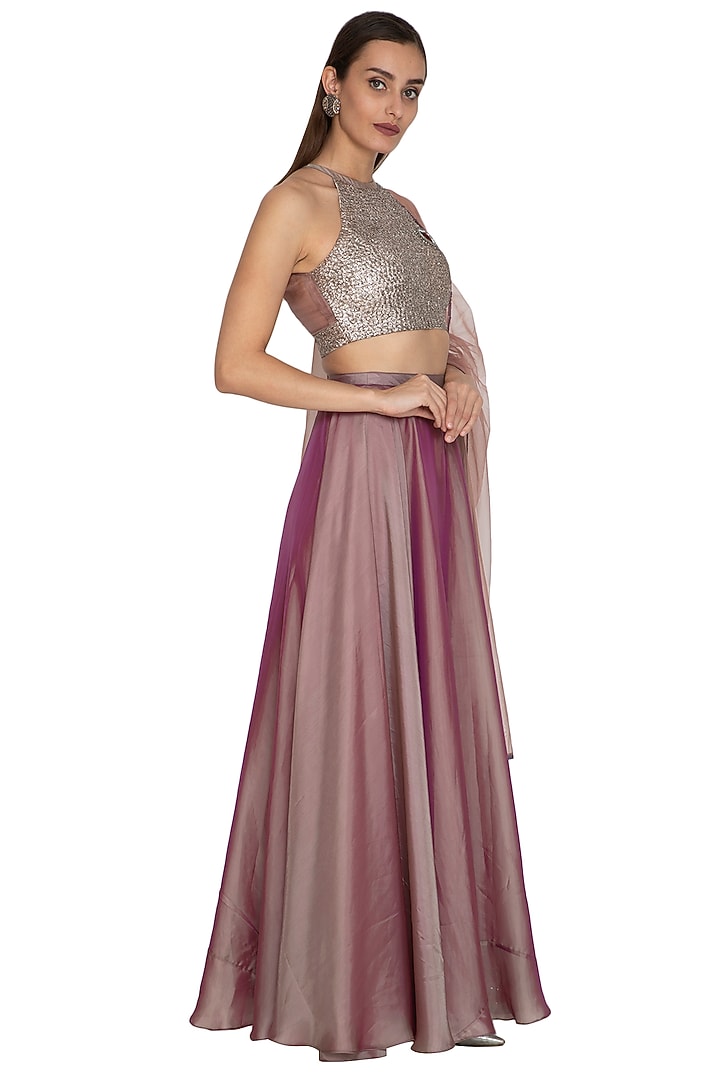 Wine Embroidered Crop Top Wedding Lehenga Set by Breathe By Aakanksha Singh at Pernia's Pop Up Shop