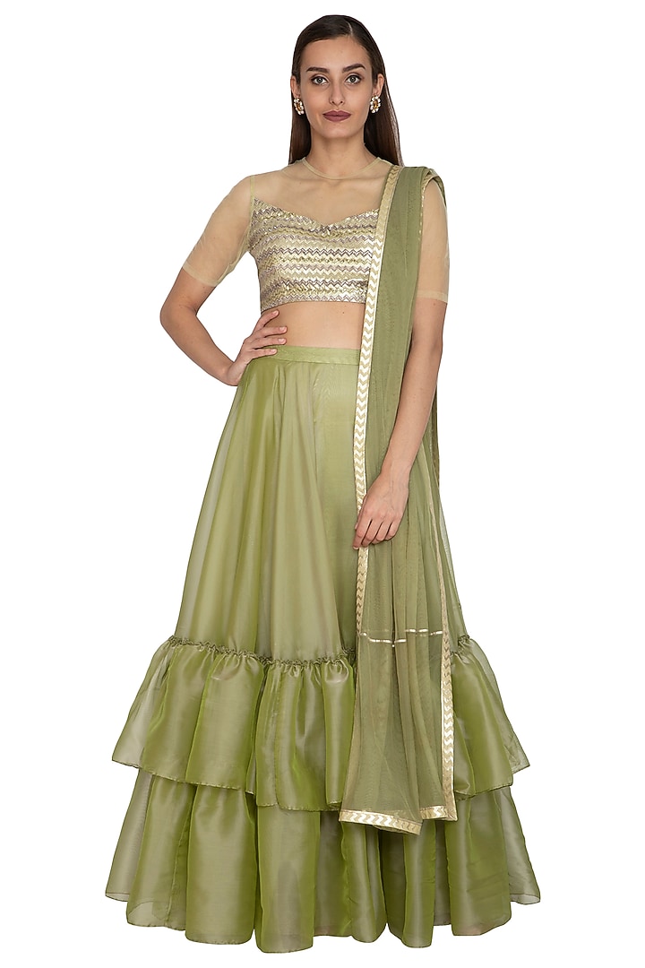 Olive Green Embroidered Wedding Lehenga Set by Breathe By Aakanksha Singh at Pernia's Pop Up Shop