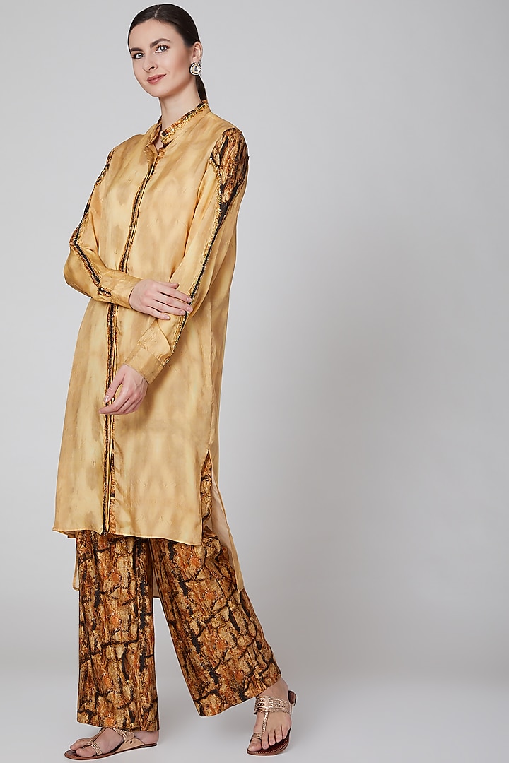 Gold Printed Tunic With Brown Pants by Breathe By Aakanksha Singh