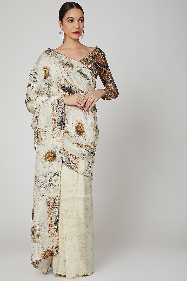 Brown & Beige Uppada silk Digital Printed Saree Set by Breathe By Aakanksha Singh at Pernia's Pop Up Shop