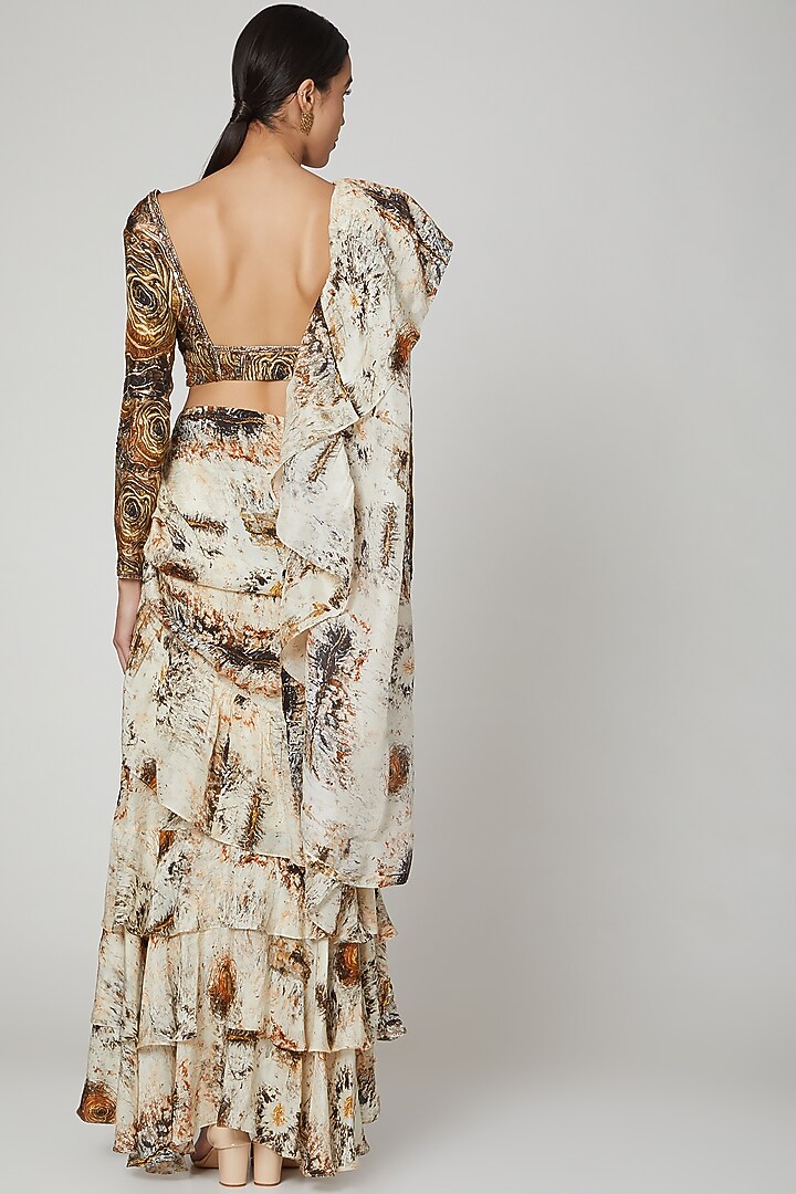 Brown & Beige Uppada Silk Digital Printed Ruffled Wedding Saree Set by Breathe By Aakanksha Singh at Pernia's Pop Up Shop