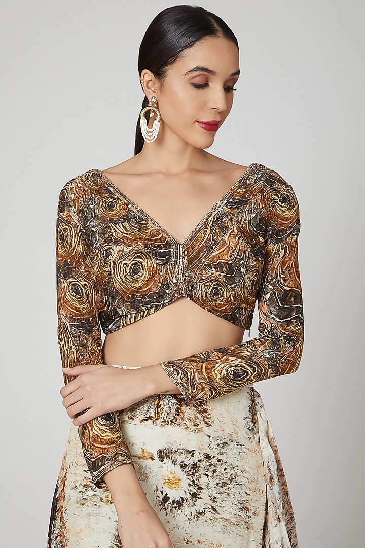 Brown & Beige Uppada Silk Digital Printed Ruffled Wedding Saree Set by Breathe By Aakanksha Singh at Pernia's Pop Up Shop
