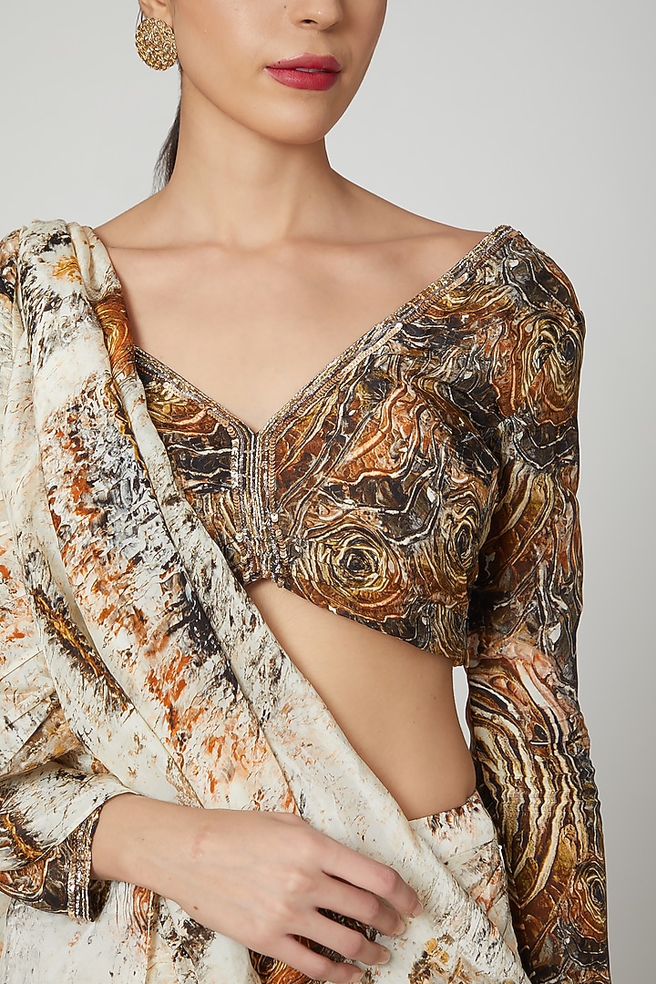 Brown & Beige Uppada Silk Digital Printed Ruffled Wedding Saree Set by Breathe By Aakanksha Singh at Pernia's Pop Up Shop