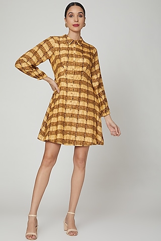 Gold Dolla silk Digital Printed Mini Dress by Breathe By Aakanksha Singh