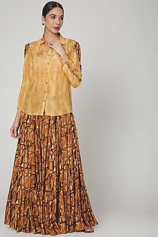 Gold & Brown Habutai Silk Digital Printed Skirt Set by Breathe By Aakanksha Singh