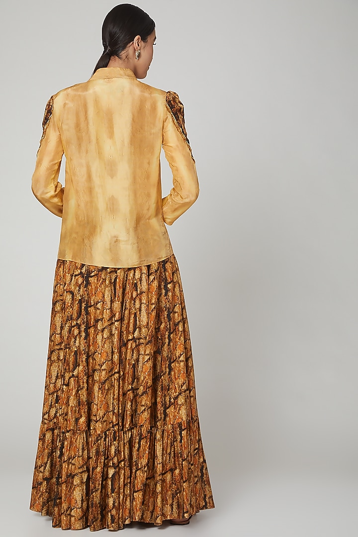Gold & Brown Habutai Silk Digital Printed Skirt Set by Breathe By Aakanksha Singh at Pernia's Pop Up Shop