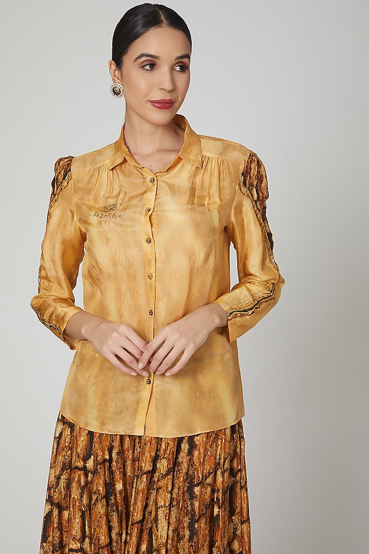 Gold & Brown Habutai Silk Digital Printed Skirt Set by Breathe By Aakanksha Singh at Pernia's Pop Up Shop