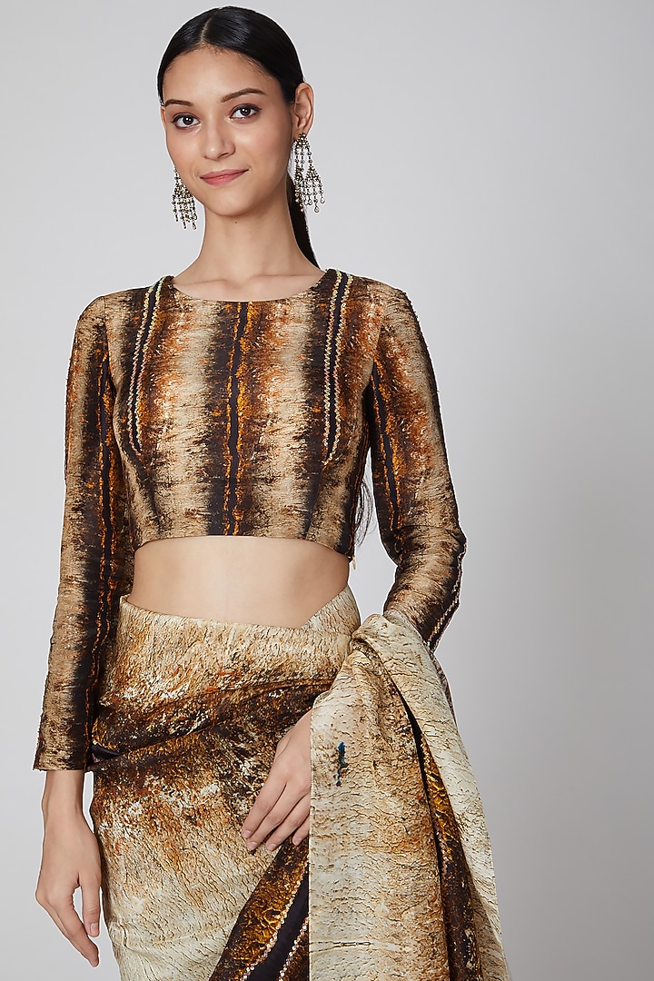 Brown Uppada Silk Digital Printed Wedding Saree Set by Breathe By Aakanksha Singh at Pernia's Pop Up Shop