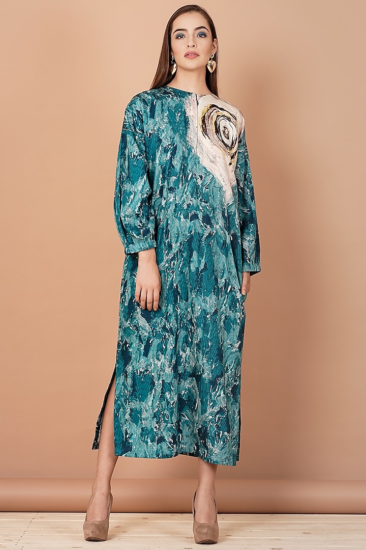Teal Blue Hand Painted Tunic Dress by Breathe By Aakanksha Singh