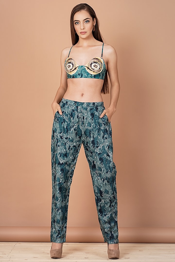 Teal Blue Printed Pant Set by Breathe By Aakanksha Singh at Pernia's Pop Up Shop