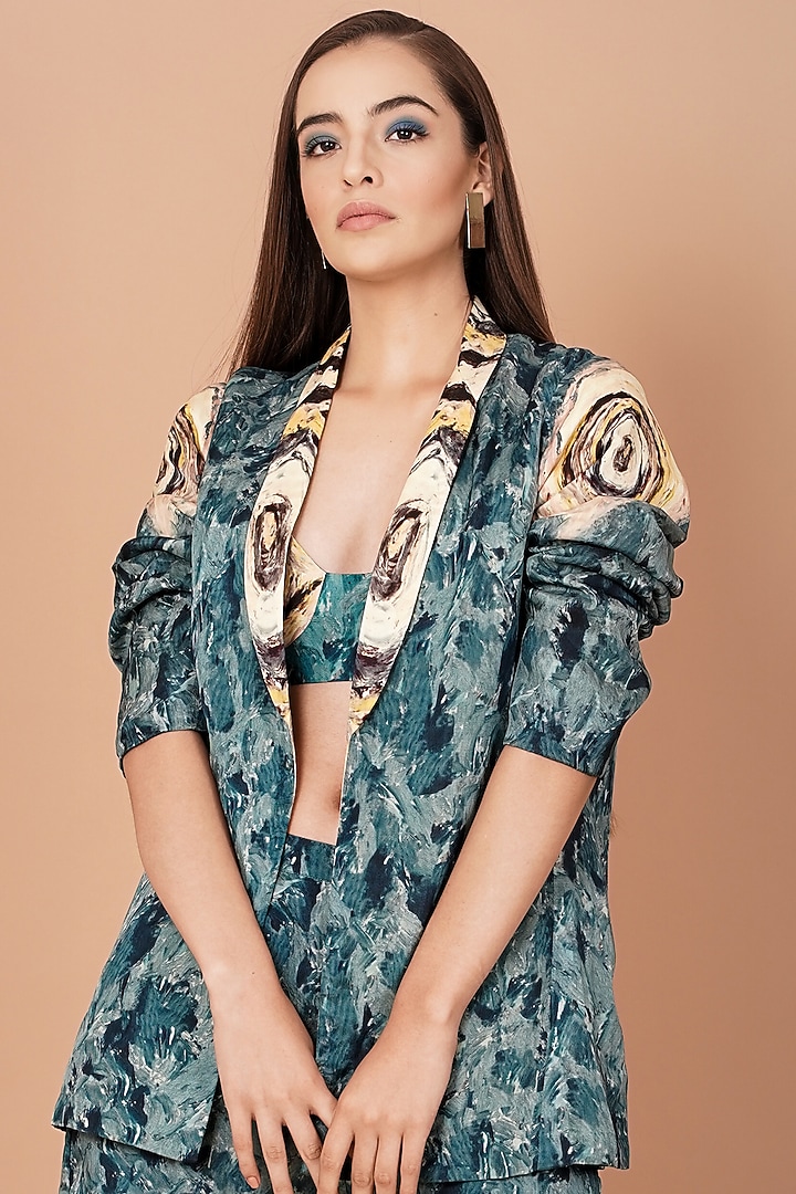 Teal Blue Printed Pant Set by Breathe By Aakanksha Singh at Pernia's Pop Up Shop