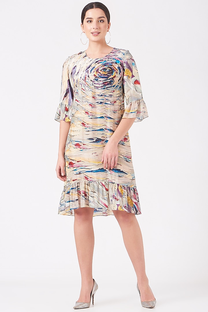 Off-White A-Line Dress With Multi-Colored Print by Breathe By Aakanksha Singh