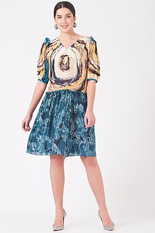 Off-White Uppada Silk Digital Printed A-Line Dress by Breathe By Aakanksha Singh