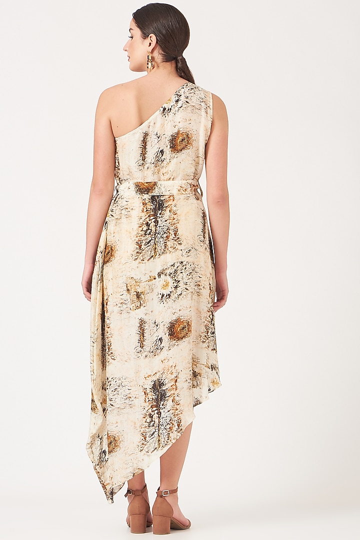 Beige Uppada Silk Digital Printed One-Shoulder Summer Dress by Breathe By Aakanksha Singh at Pernia's Pop Up Shop