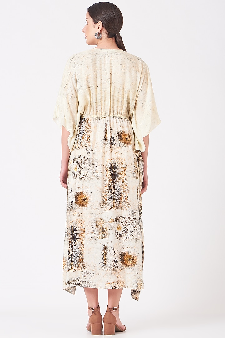 Beige Long Kaftan With Gold Digital Print by Breathe By Aakanksha Singh at Pernia's Pop Up Shop