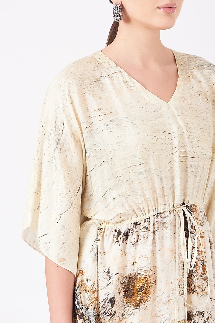 Beige Long Kaftan With Gold Digital Print by Breathe By Aakanksha Singh at Pernia's Pop Up Shop