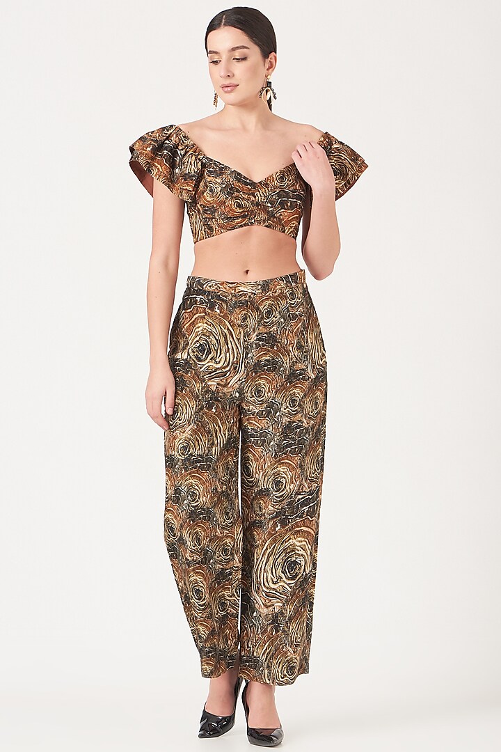 Brown Straight Pant Set With Gold Digital Print by Breathe By Aakanksha Singh