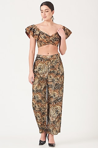 Brown Straight Pant Set With Gold Digital Print by Breathe By Aakanksha Singh
