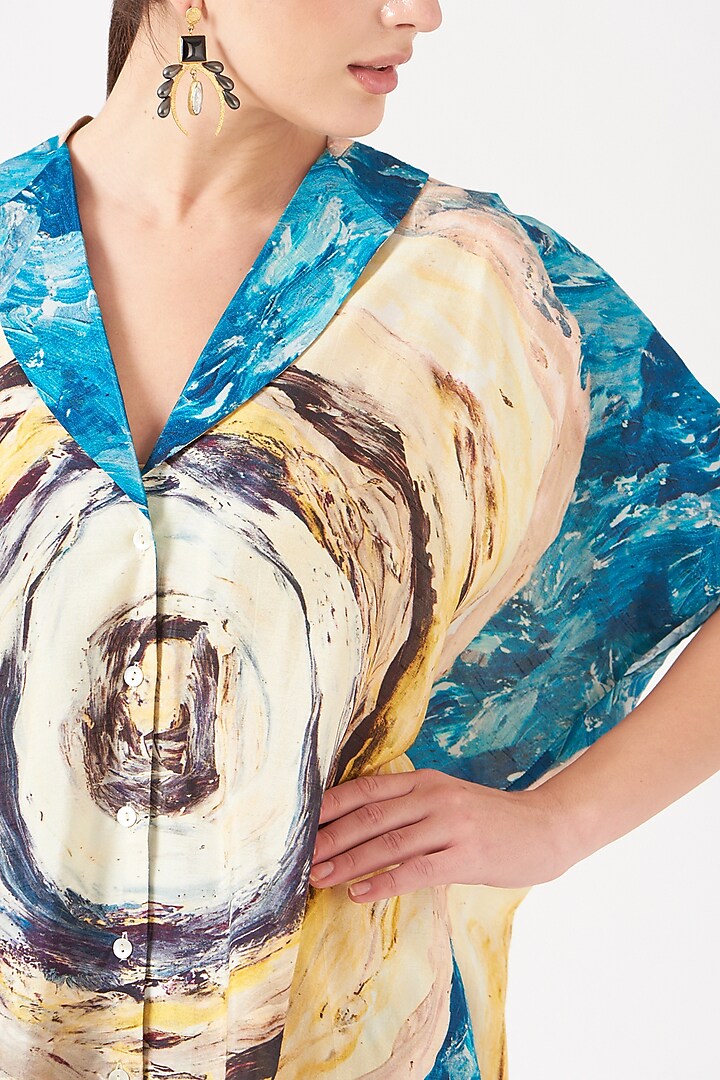 Pale Yellow & Avatar Blue Dola Silk Digital Printed Co-Ord Set by Breathe By Aakanksha Singh at Pernia's Pop Up Shop
