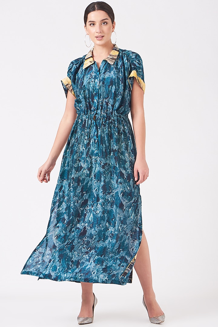 Aster Blue & Pale Yellow Digital Printed Maxi Dress by Breathe By Aakanksha Singh