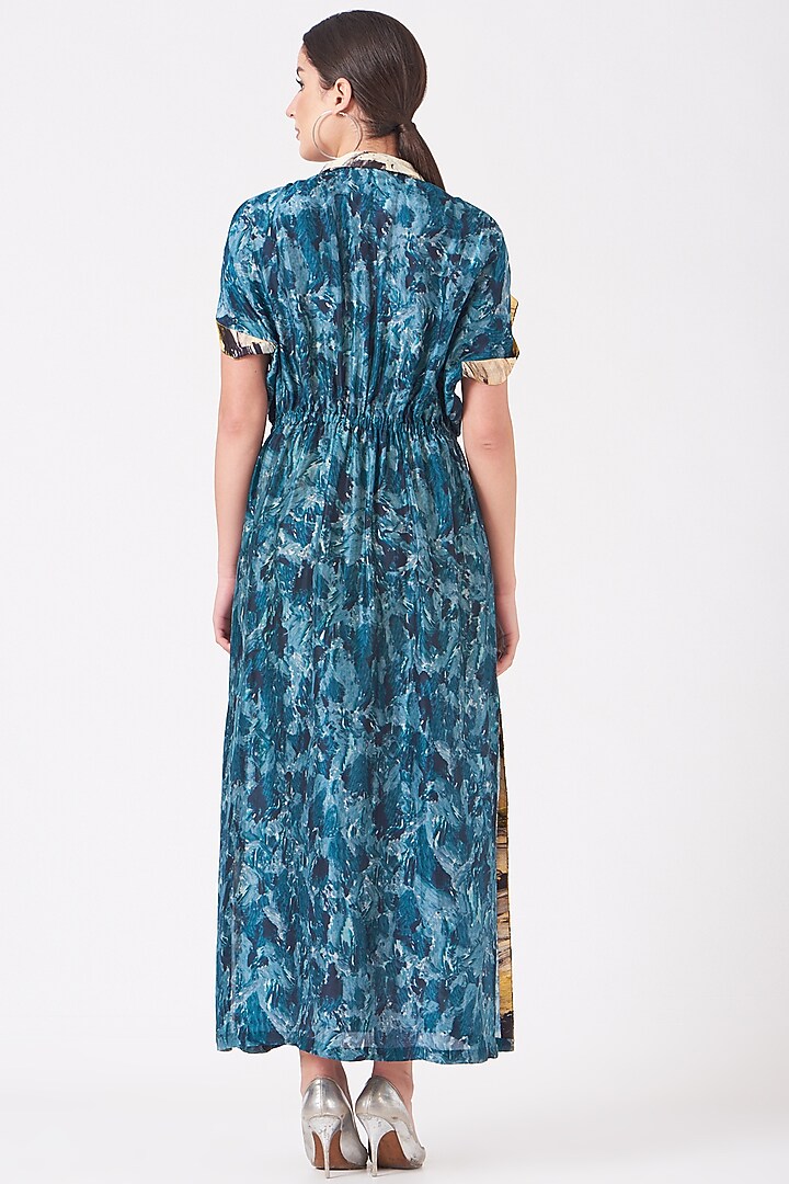 Aster Blue & Pale Yellow Uppada Silk Digital Printed Maxi Vacation Dress by Breathe By Aakanksha Singh at Pernia's Pop Up Shop