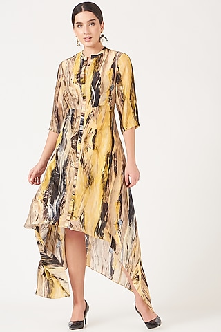 Pale Yellow Digital Printed A-Line Dress by Breathe By Aakanksha Singh