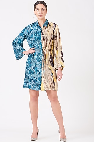 Avatar Blue & Pale Yellow Dola Silk Digital Printed Mini Dress by Breathe By Aakanksha Singh