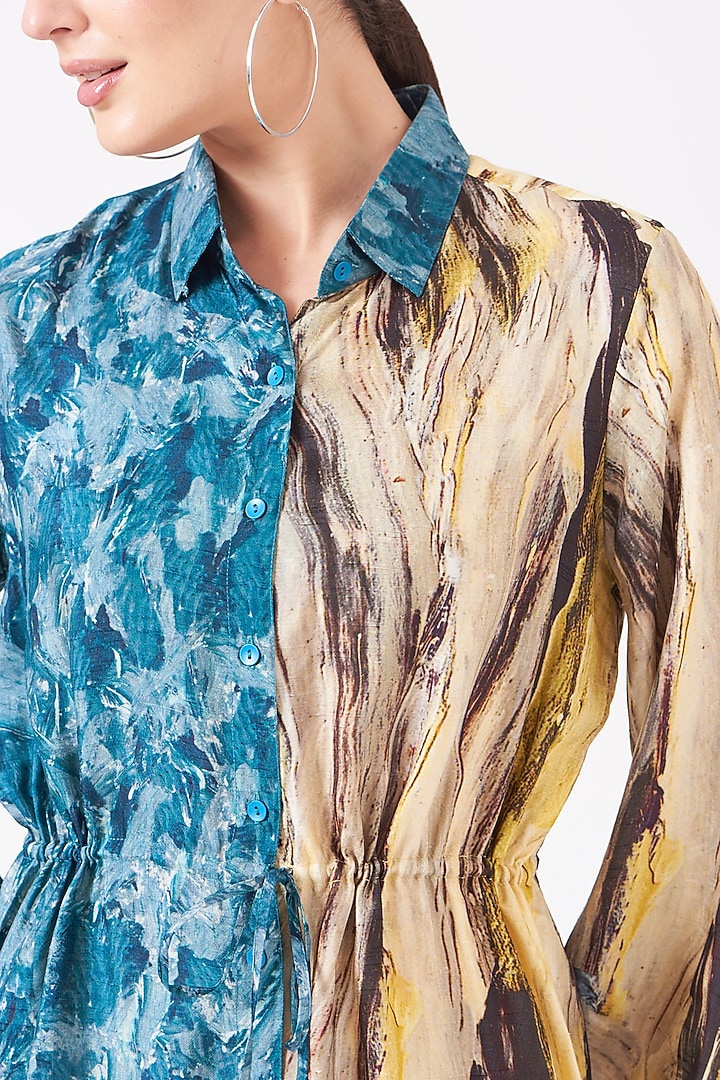 Avatar Blue & Pale Yellow Dola Silk Digital Printed Mini Summer Dress by Breathe By Aakanksha Singh at Pernia's Pop Up Shop
