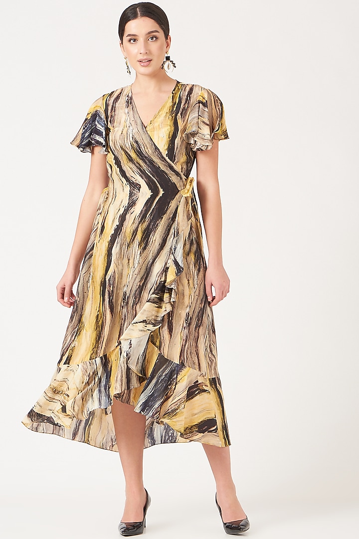 Pale Yellow Digital Printed Overlapped A-Line Dress by Breathe By Aakanksha Singh