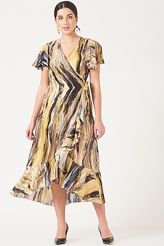 Pale Yellow Uppada Silk Digital Printed A-Line Dress by Breathe By Aakanksha Singh