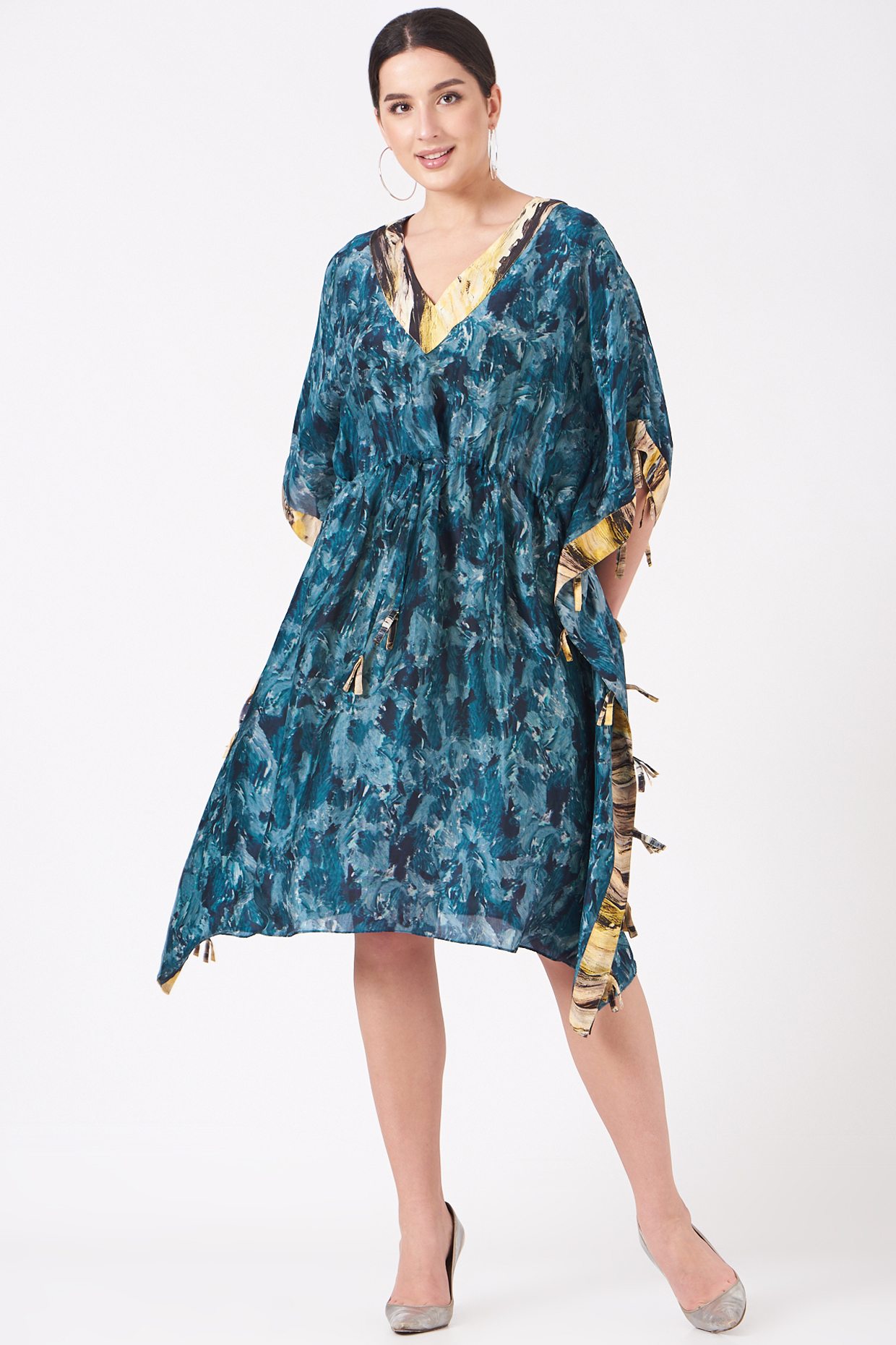 Avatar Blue & Pale Yellow Digital Printed Short Kaftan by Breathe By Aakanksha Singh at Pernia's Pop Up Shop