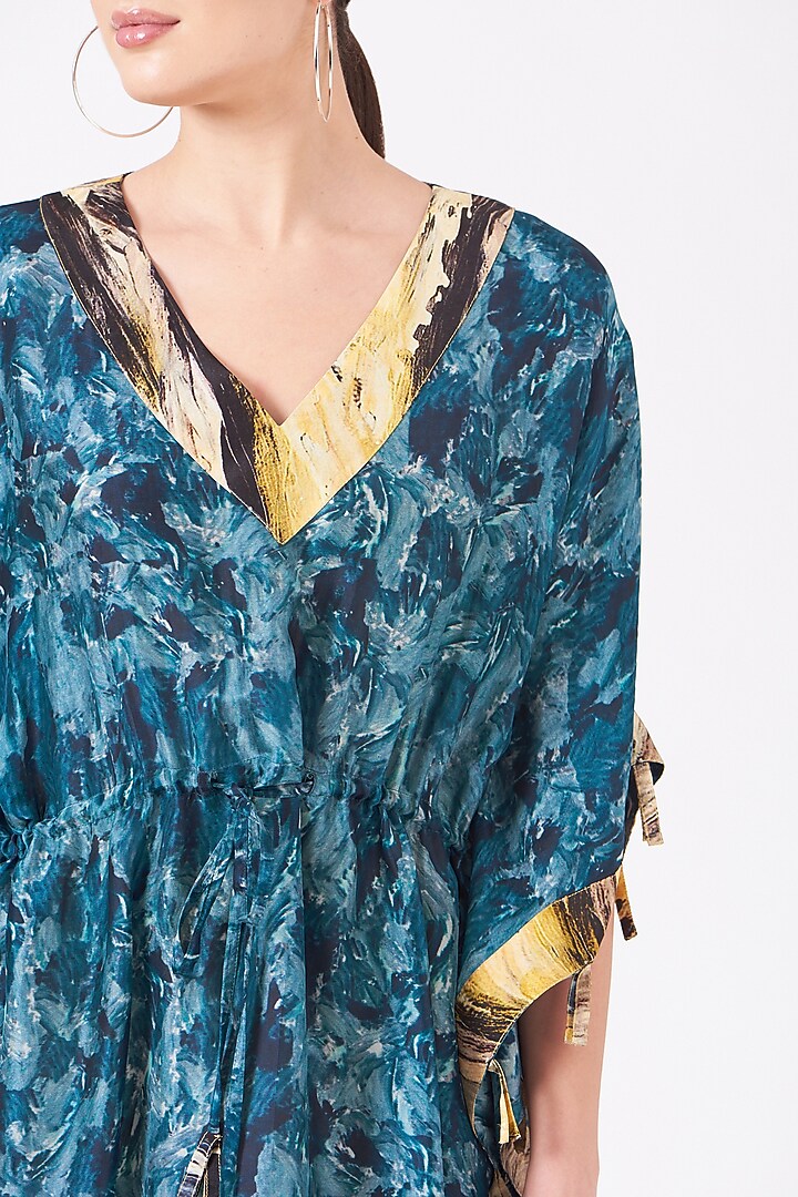 Avatar Blue & Pale Yellow Digital Printed Short Kaftan by Breathe By Aakanksha Singh at Pernia's Pop Up Shop