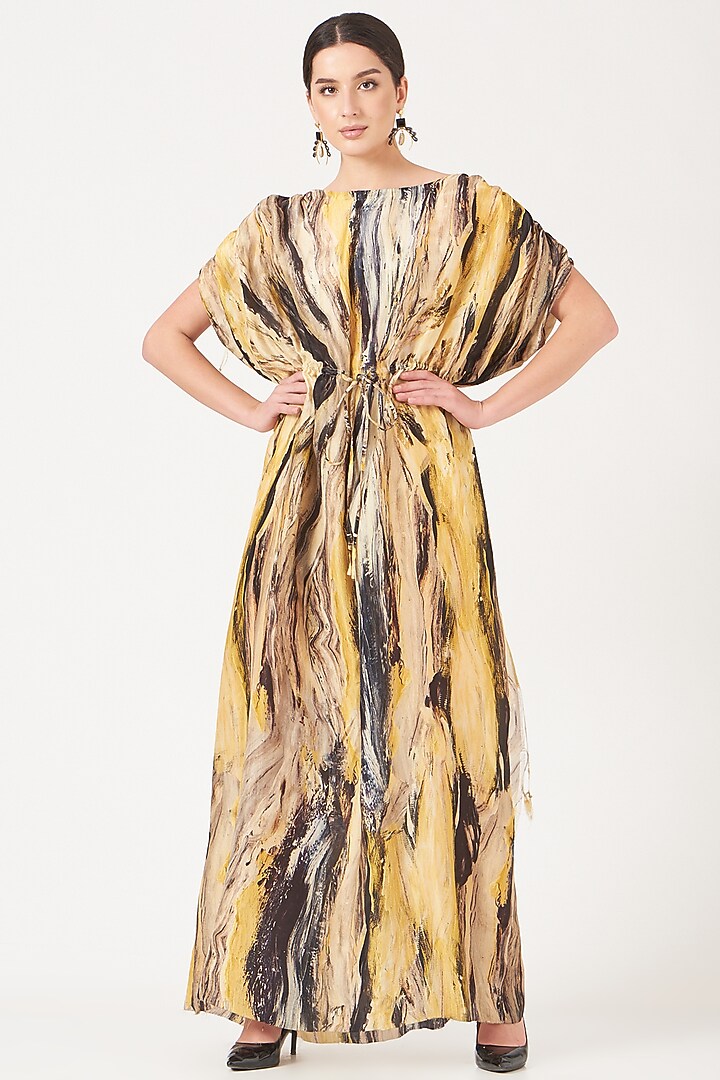 Pale Yellow Printed Kaftan Dress by Breathe By Aakanksha Singh at Pernia's Pop Up Shop
