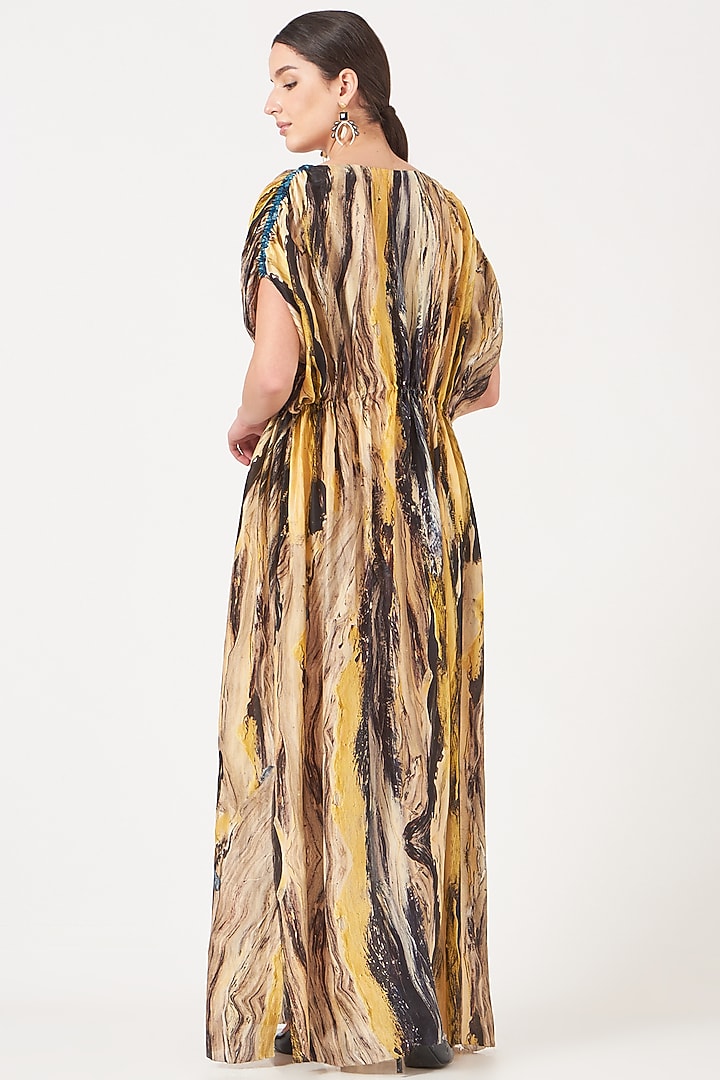 Pale Yellow Printed Kaftan Dress by Breathe By Aakanksha Singh at Pernia's Pop Up Shop