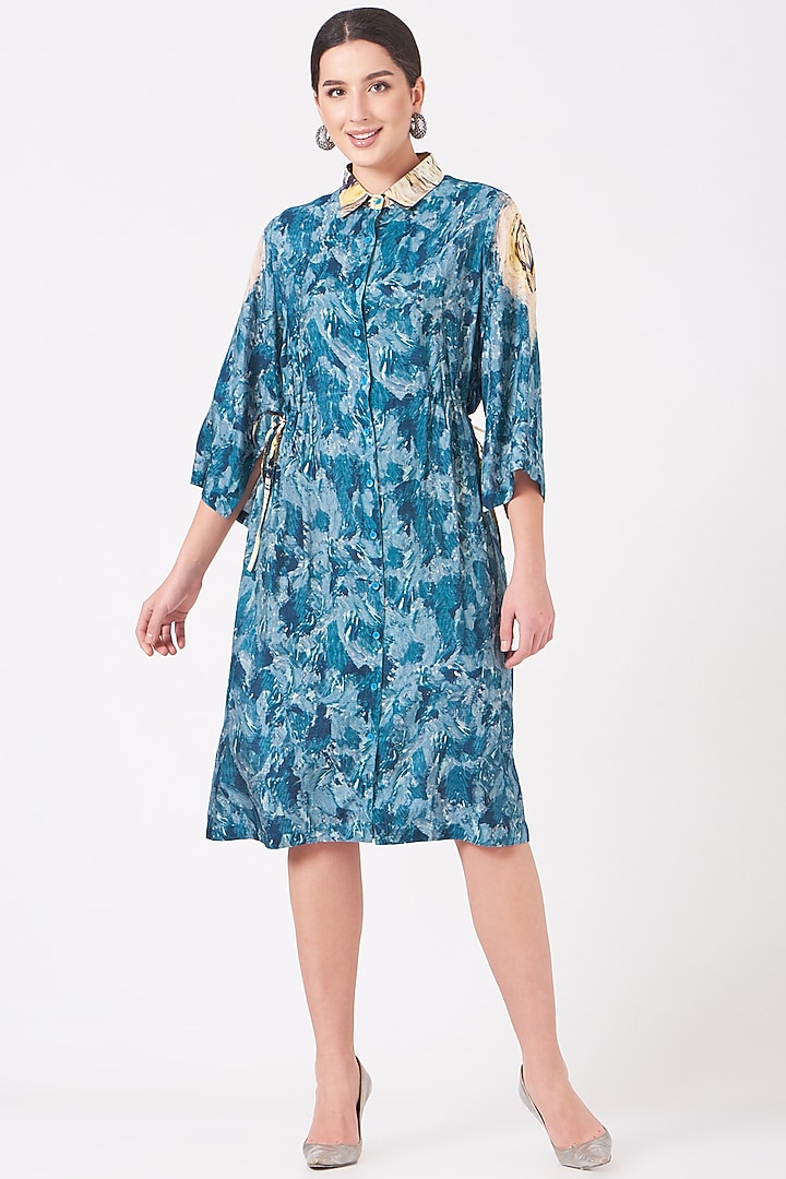 Avatar Blue & Pale Yellow Dola Silk Digital Printed Summer Dress by Breathe By Aakanksha Singh at Pernia's Pop Up Shop