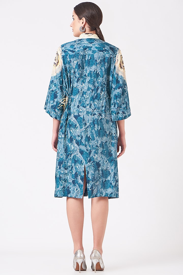 Avatar Blue & Pale Yellow Dola Silk Digital Printed Summer Dress by Breathe By Aakanksha Singh at Pernia's Pop Up Shop