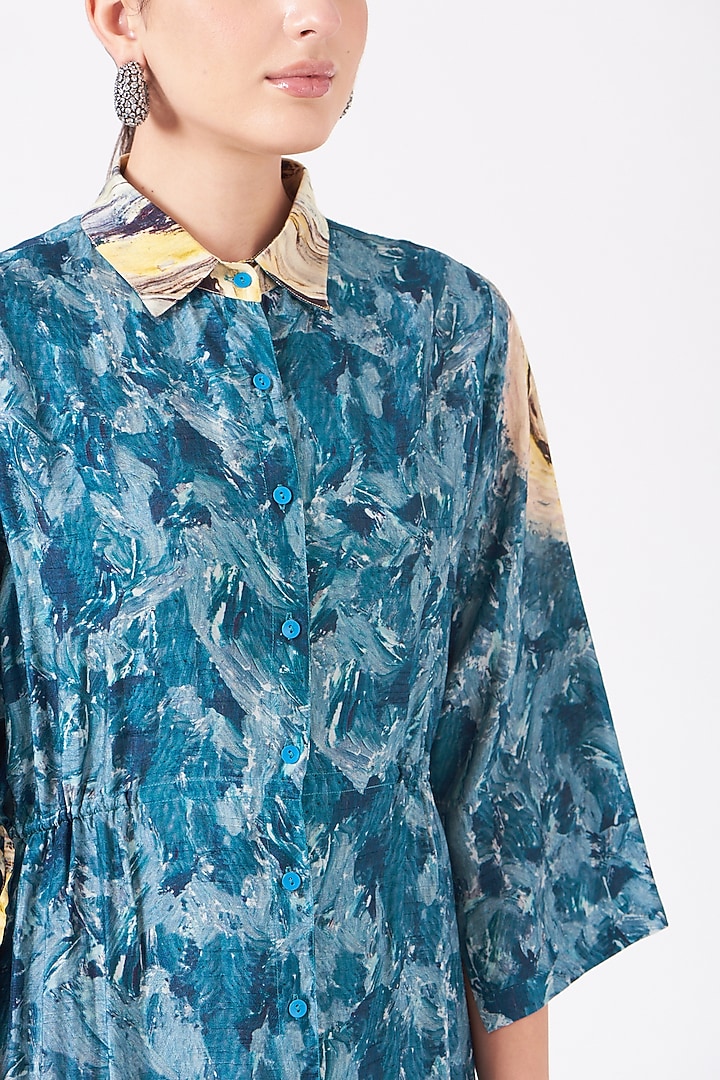 Avatar Blue & Pale Yellow Dola Silk Digital Printed Summer Dress by Breathe By Aakanksha Singh at Pernia's Pop Up Shop