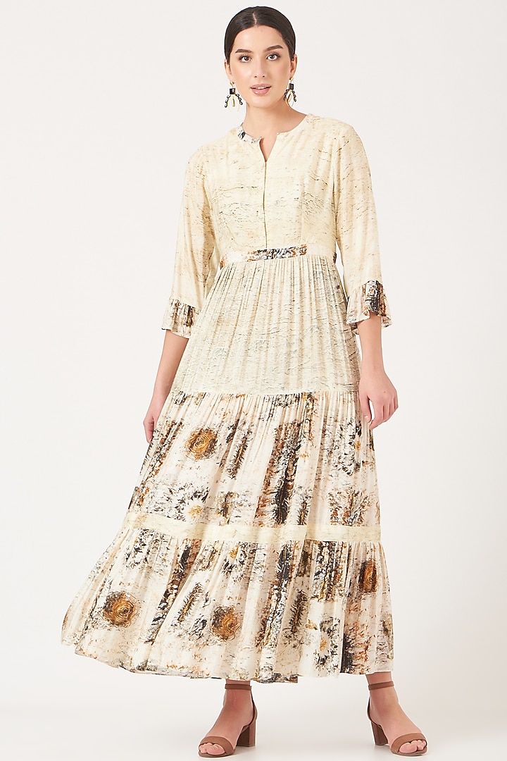 Beige Maxi Dress With Gold Digital Print by Breathe By Aakanksha Singh