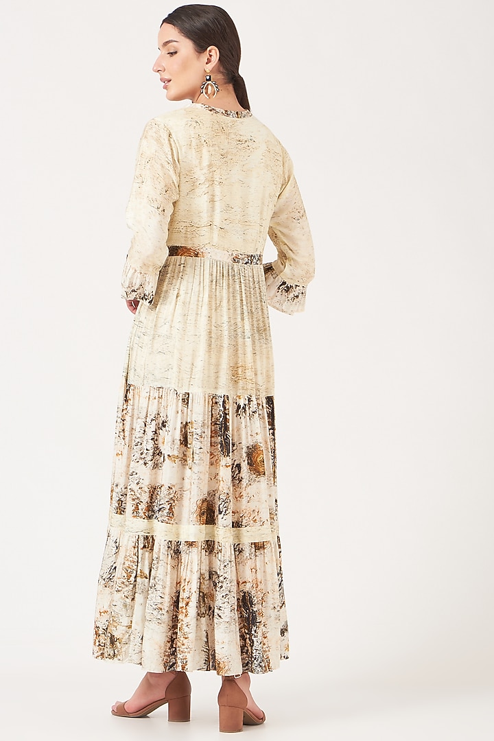 Beige Dola Silk Gold Digital Printed Maxi Vacation Dress by Breathe By Aakanksha Singh at Pernia's Pop Up Shop