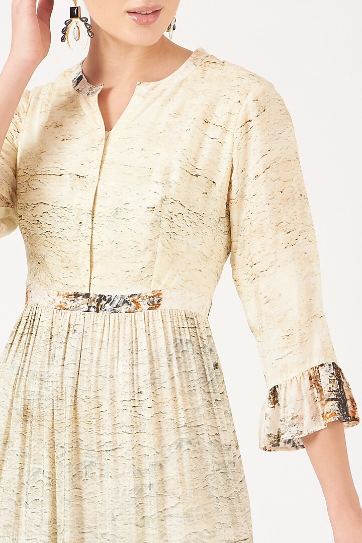 Beige Dola Silk Gold Digital Printed Maxi Vacation Dress by Breathe By Aakanksha Singh at Pernia's Pop Up Shop