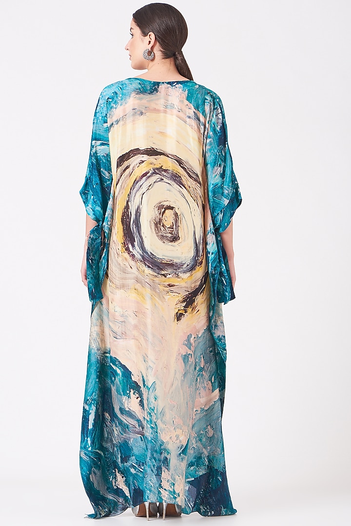 Avatar Blue & Pale Yellow Printed Long Kaftan by Breathe By Aakanksha Singh at Pernia's Pop Up Shop