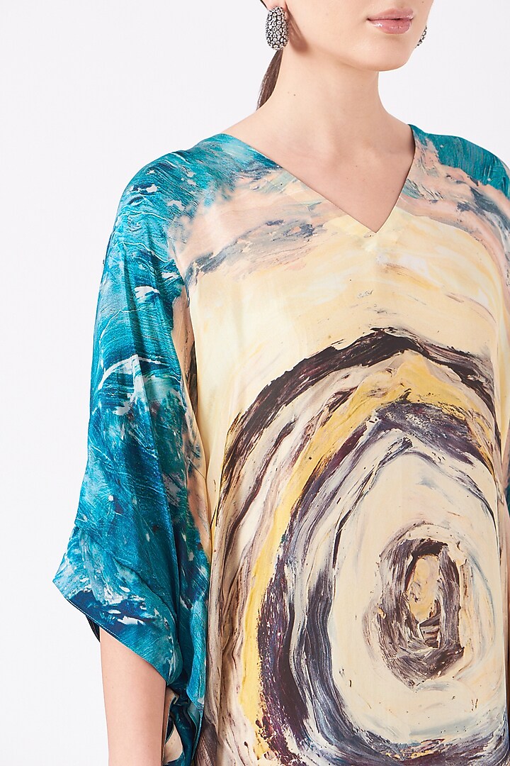 Avatar Blue & Pale Yellow Printed Long Kaftan by Breathe By Aakanksha Singh at Pernia's Pop Up Shop