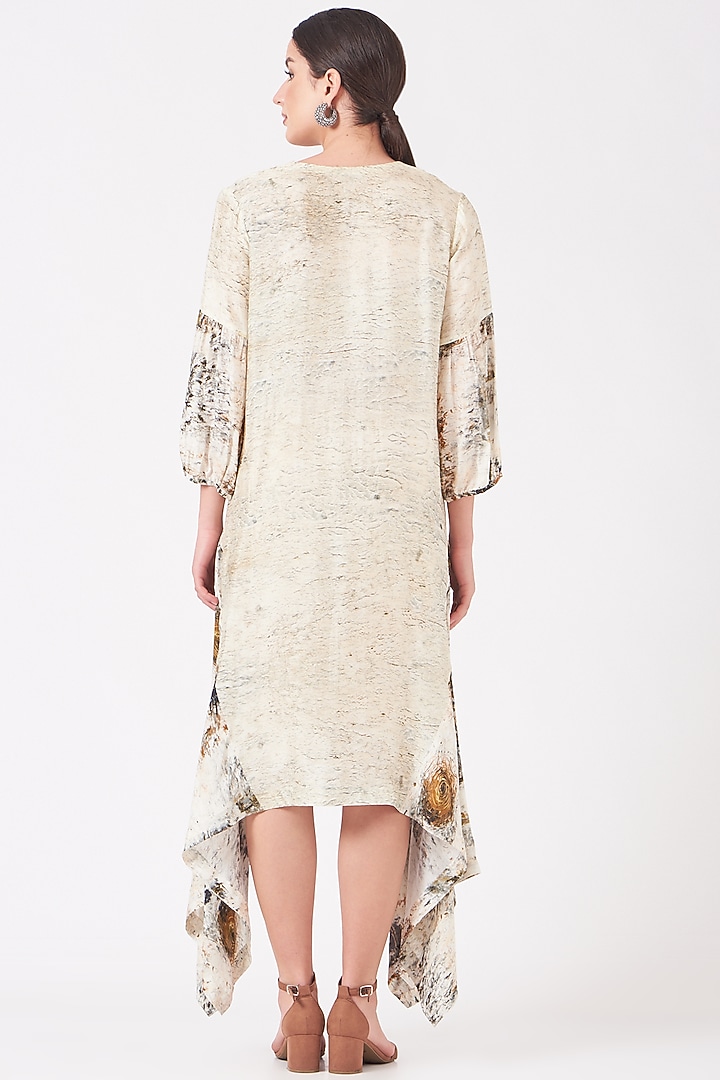 Beige Dola Silk Gold Digital Printed Vacation Dress by Breathe By Aakanksha Singh at Pernia's Pop Up Shop
