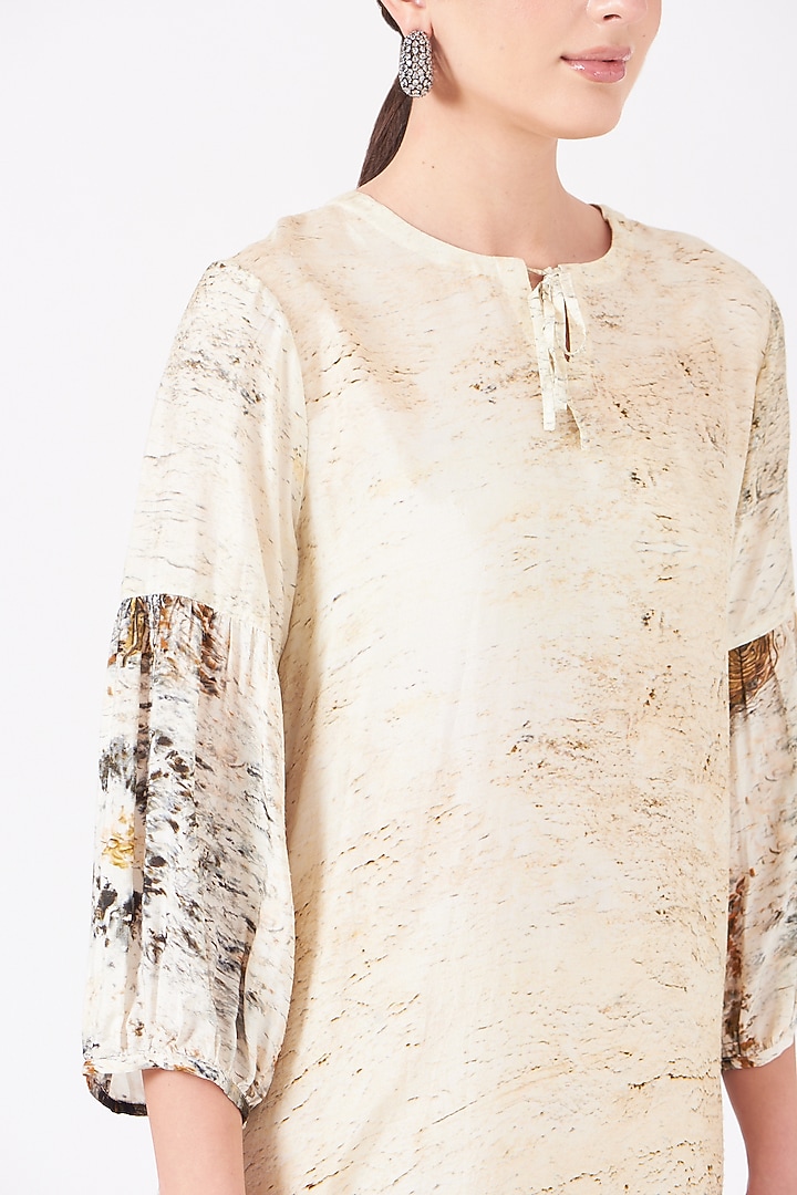 Beige Dola Silk Gold Digital Printed Vacation Dress by Breathe By Aakanksha Singh at Pernia's Pop Up Shop