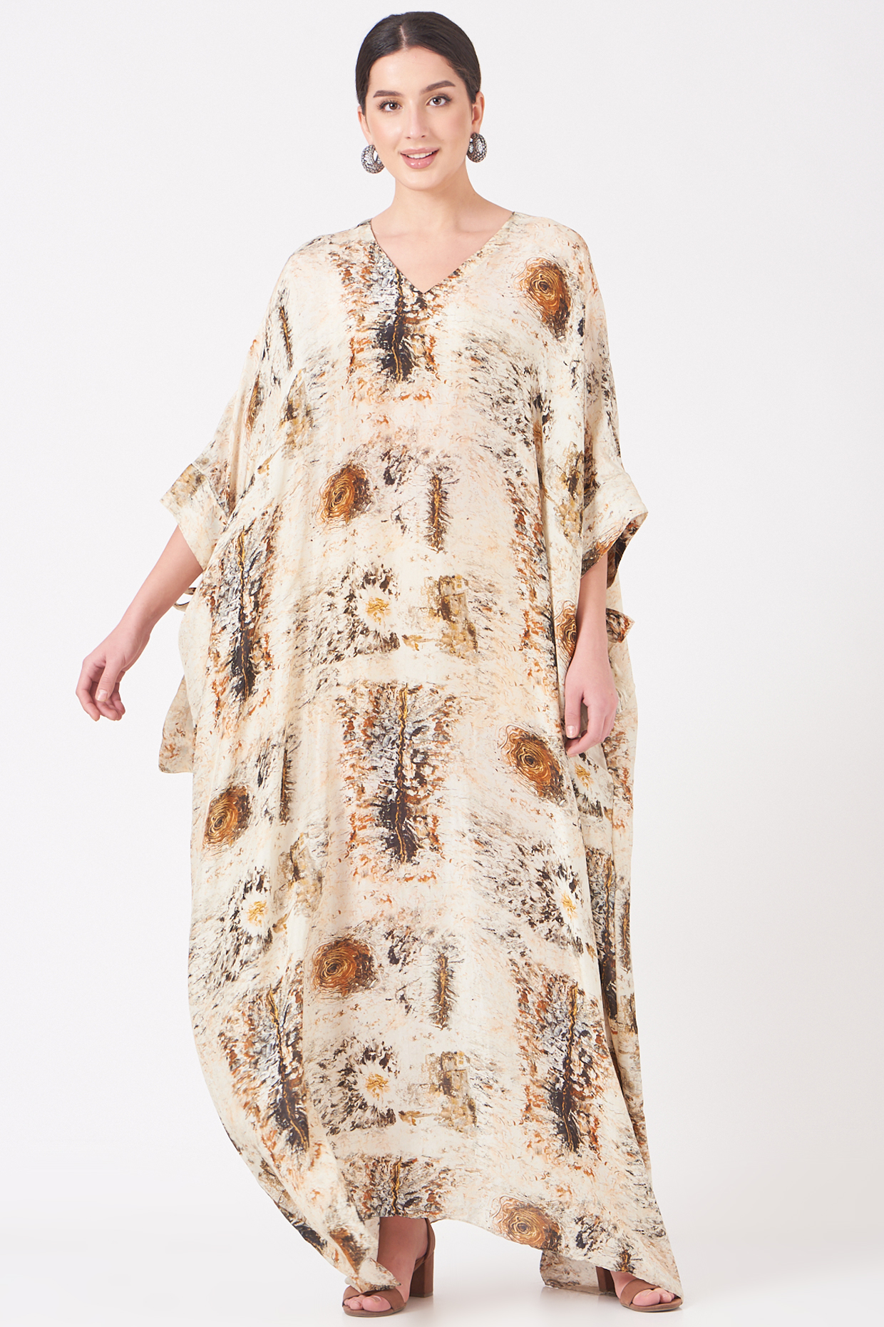 Beige Long Kaftan With Gold Print by Breathe By Aakanksha Singh at Pernia's Pop Up Shop