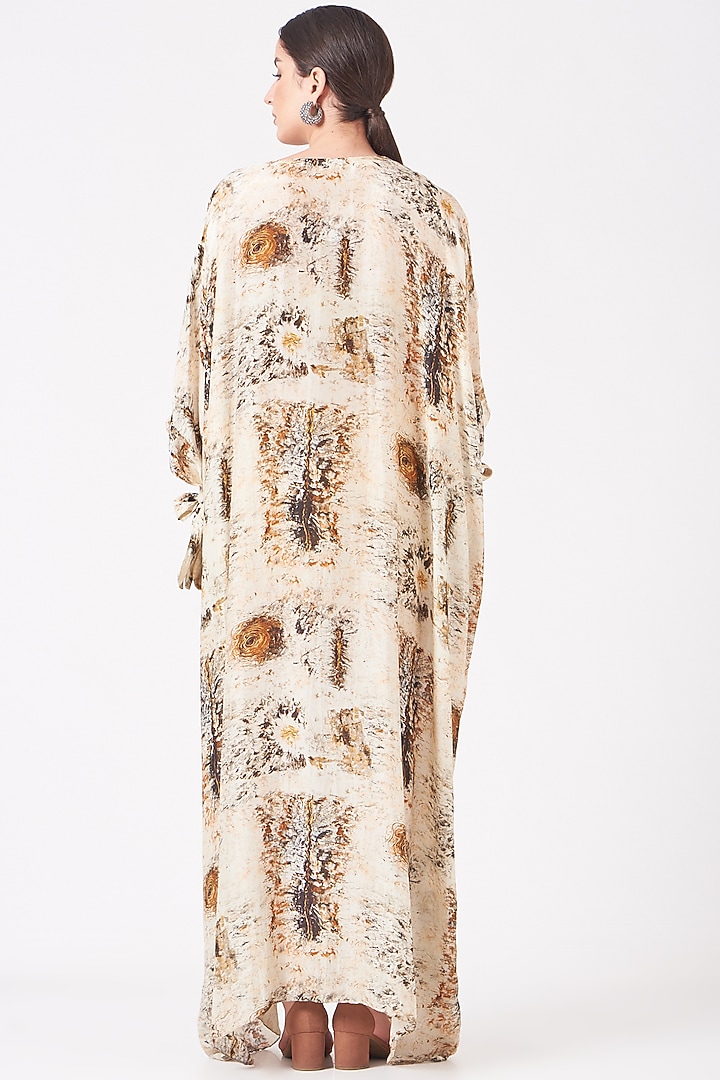Beige Long Kaftan With Gold Print by Breathe By Aakanksha Singh at Pernia's Pop Up Shop