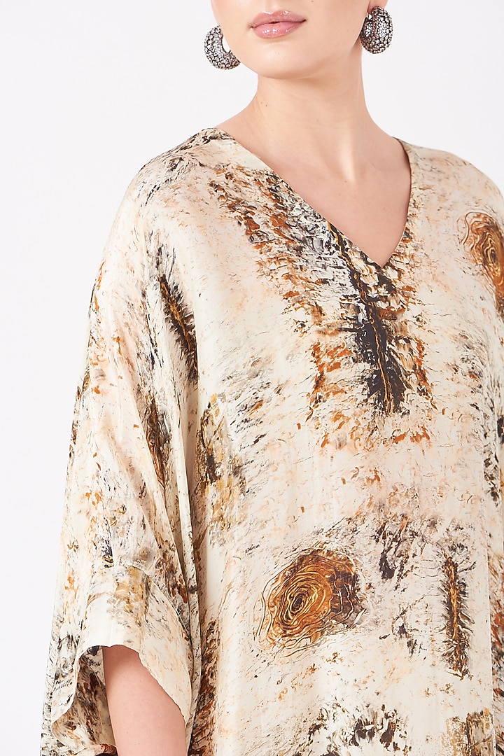 Beige Long Kaftan With Gold Print by Breathe By Aakanksha Singh at Pernia's Pop Up Shop