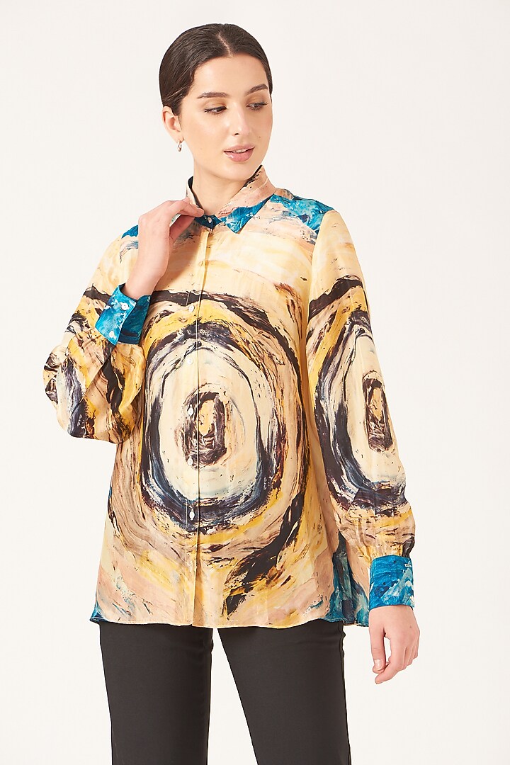 Pale Yellow & Avatar Blue Printed Shirt by Breathe By Aakanksha Singh at Pernia's Pop Up Shop