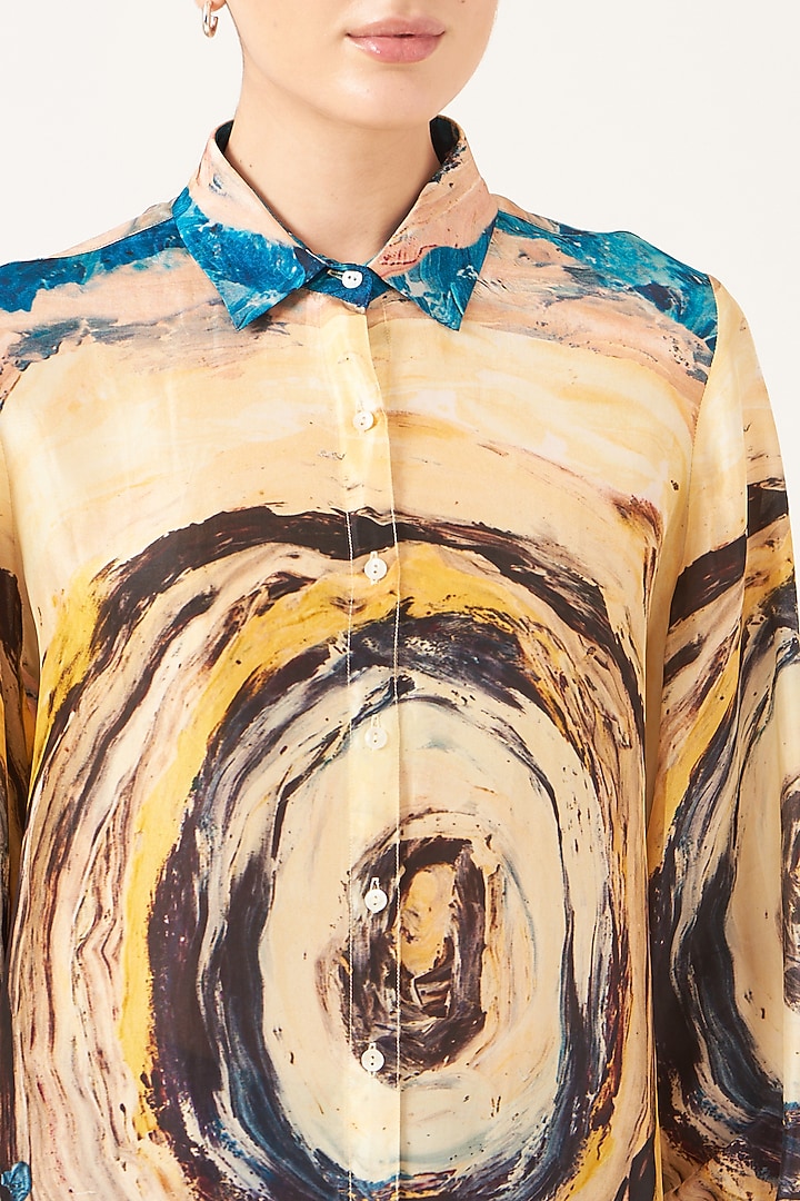 Pale Yellow & Avatar Blue Printed Shirt by Breathe By Aakanksha Singh at Pernia's Pop Up Shop