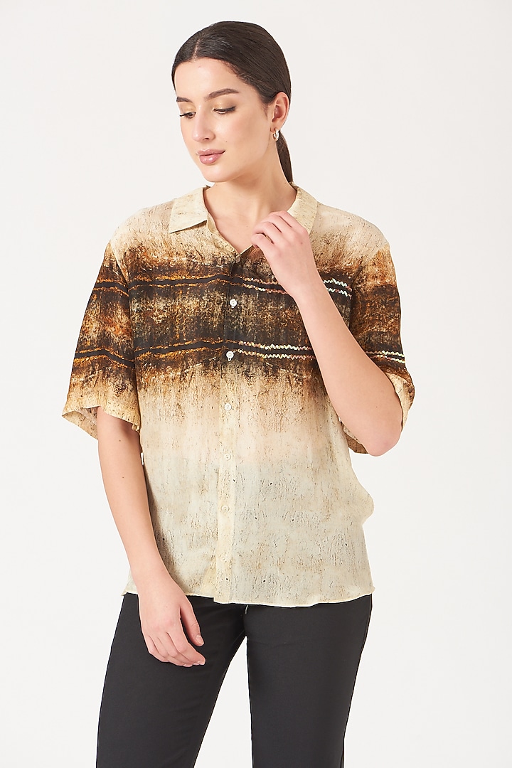 Beige Shirt With Gold Print by Breathe By Aakanksha Singh at Pernia's Pop Up Shop